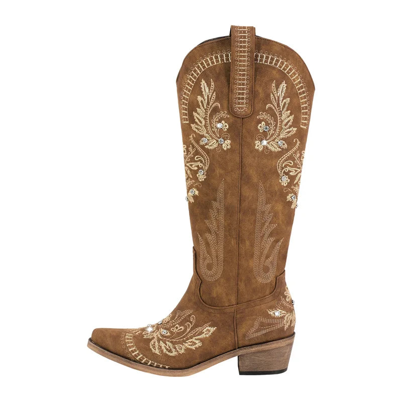 Women Pointed Toe Embroidered White Western Cowboy Boots Block Heel Pull-On Cowgirl Booties