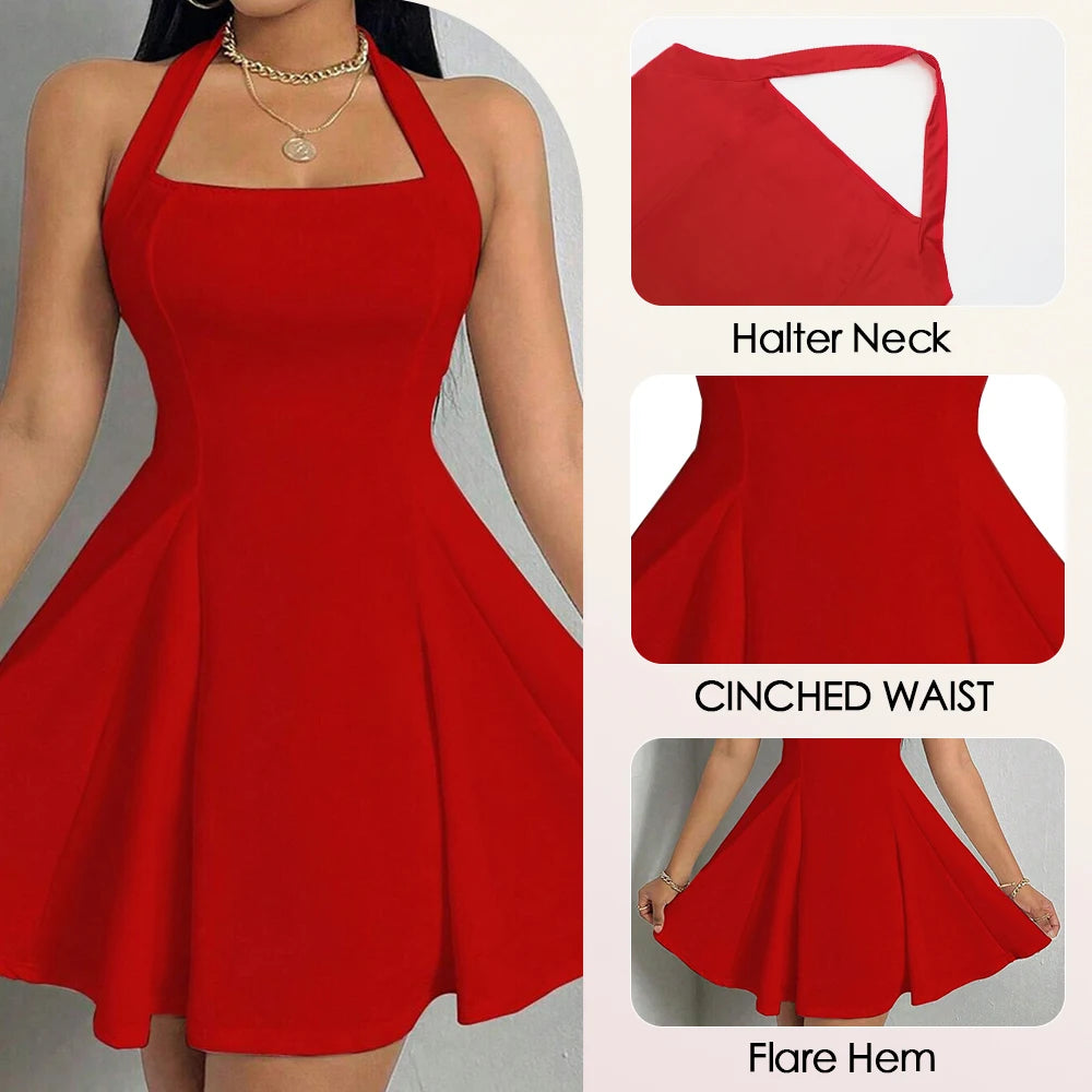 Damesjurken voor alle seizoenen, mode, halter, vierkante hals, geplooide A-lijn, mini, elegante, sexy melkmeisjesjurk