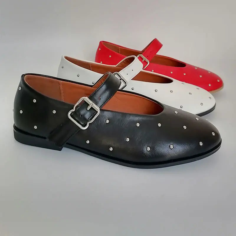 Women Round Toe Rivets Mary Jane Flats Buckles Fashion 2024 New Woman Big Size Summer Shoes