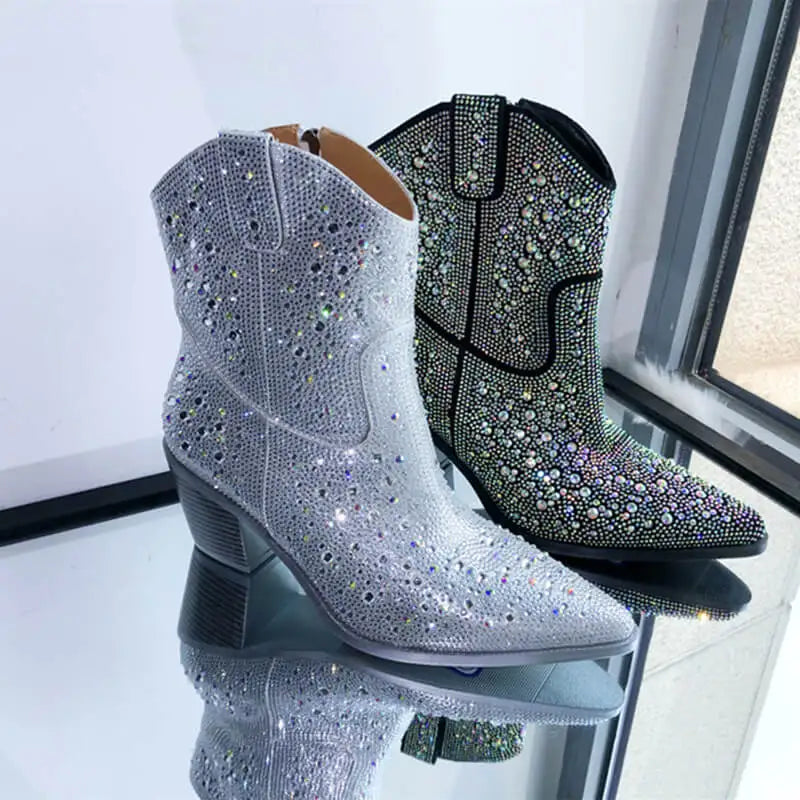Women Rhinestone Pointed Toe Ankle Boots Silver Glitter Bling Shiny Pretty Gorgeous Dress Cowgirl Boots