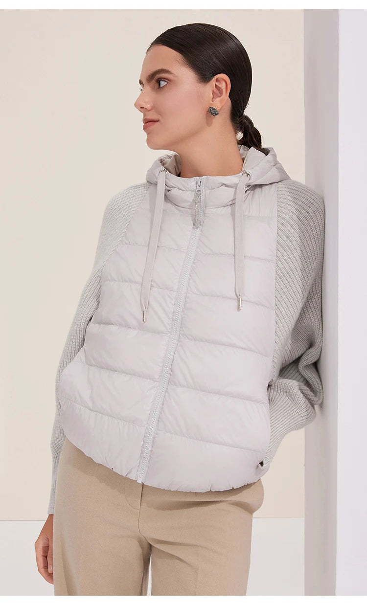 Women's Warm and Stylish Premium Down Jacket, 7-Gauge Luxury Coat With Pure Cashmere Knitted Sleeves