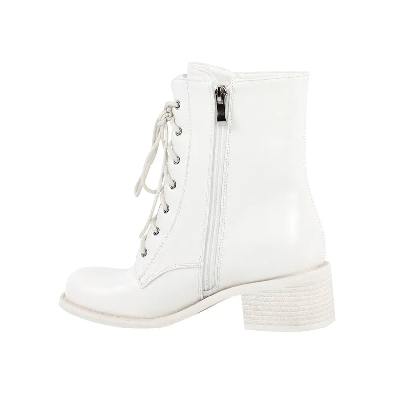 Women Brown Lace UP Ankle Boots Round Toe Gothic Heeled Concise Side Zipper Winter Motorcycle Boots