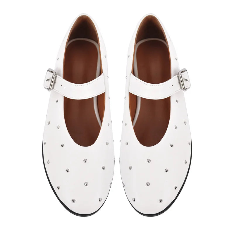 Women Round Toe Rivets Mary Jane Flats Buckles Fashion 2024 New Woman Big Size Summer Shoes
