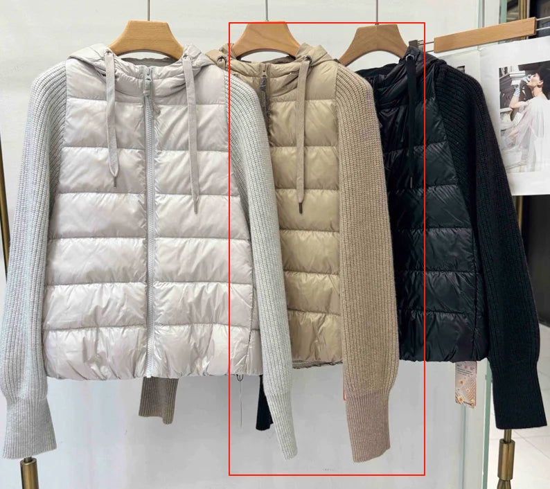 Women's Warm and Stylish Premium Down Jacket, 7-Gauge Luxury Coat With Pure Cashmere Knitted Sleeves