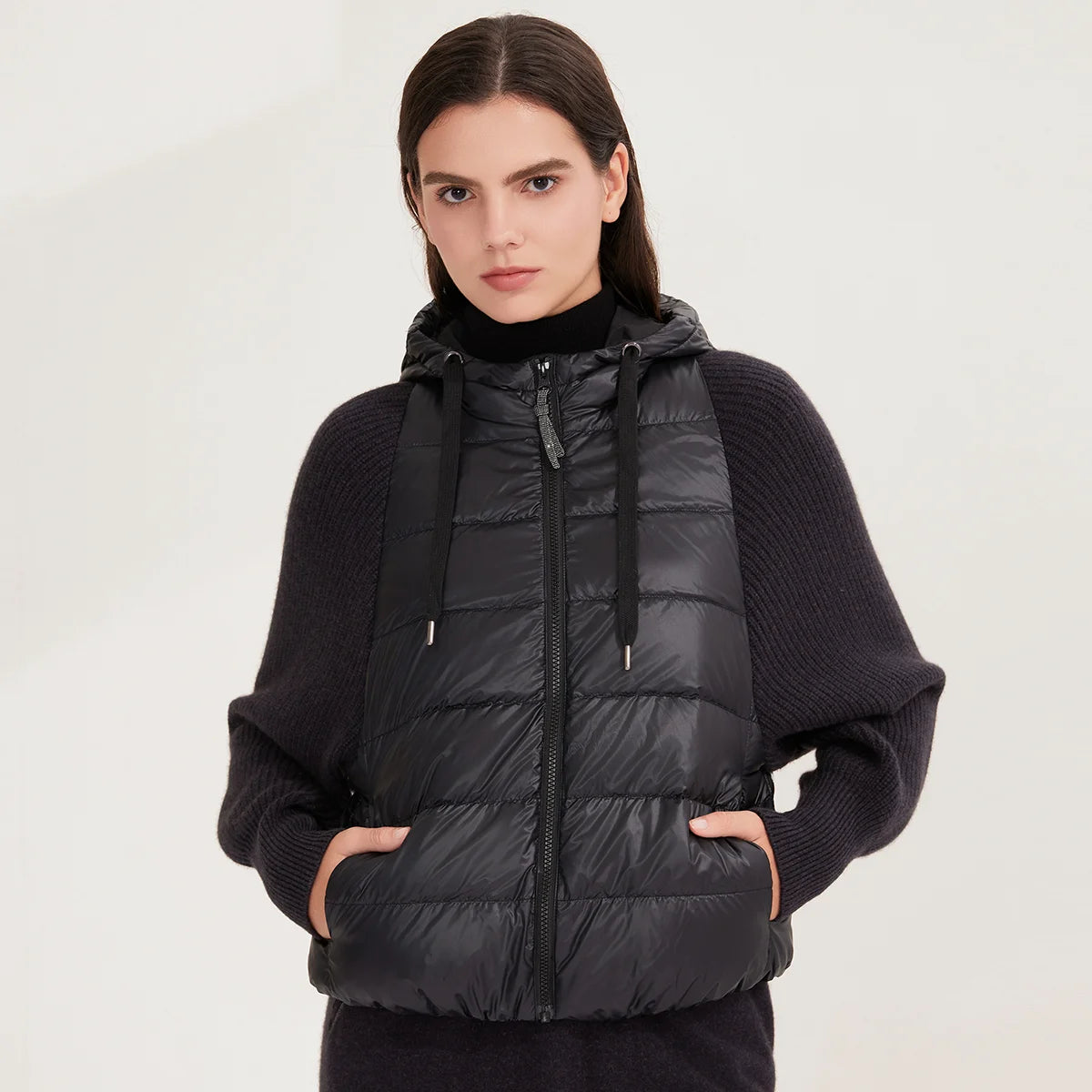 Women's Warm and Stylish Premium Down Jacket, 7-Gauge Luxury Coat With Pure Cashmere Knitted Sleeves