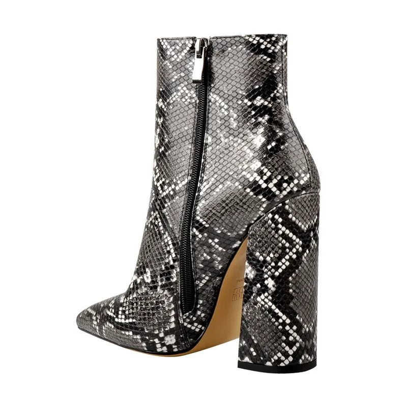 Women Pointed Toe 10CM Leopard Chunky Heels Ankle Boots Side Zipper High Heel Thick Autumn Booties
