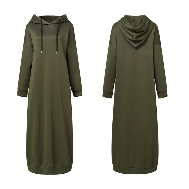 Women Winter Pullovers Stylish Hooded Dress Casual Long Sleeve Maxi Vestidos Female Drawstring Robe Femme
