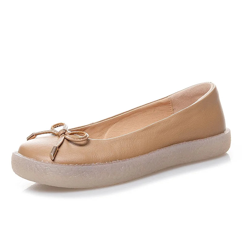 Women's Ladies Female Mother White Genuine Leather Shoes Flats Non Slip On Casual Bow Plus Size 43 42 JZ-19111