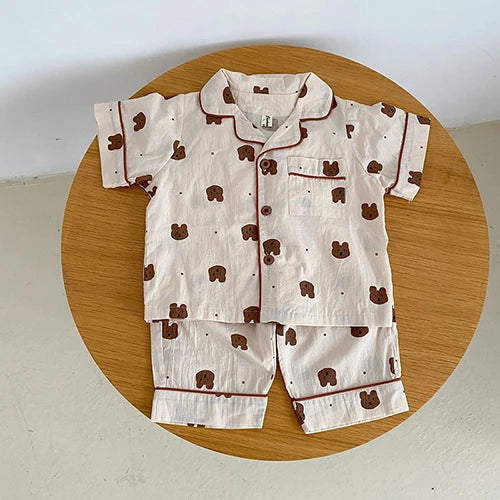 Summer Kids Pajamas Korean Print Suit for Boys and Girls Casual Cotton Sleepwear For Children 2-6T Unisex