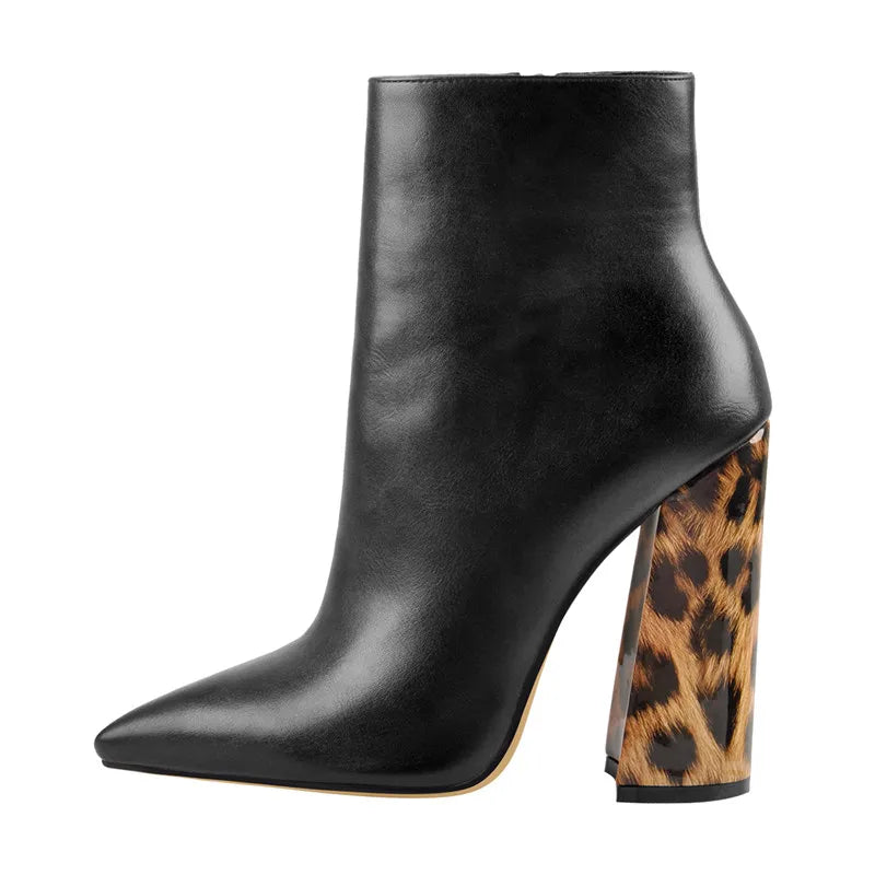 Women Pointed Toe 10CM Leopard Chunky Heels Ankle Boots Side Zipper High Heel Thick Autumn Booties