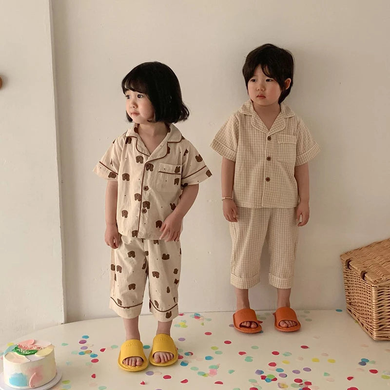 Summer Kids Pajamas Korean Print Suit for Boys and Girls Casual Cotton Sleepwear For Children 2-6T Unisex