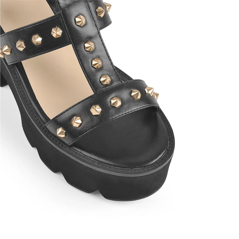 Women Summer Chunky Heel Platform Sandals Ankle Buckle Metal Rivet Matte Black Soft PU Leather Large Size Sandals