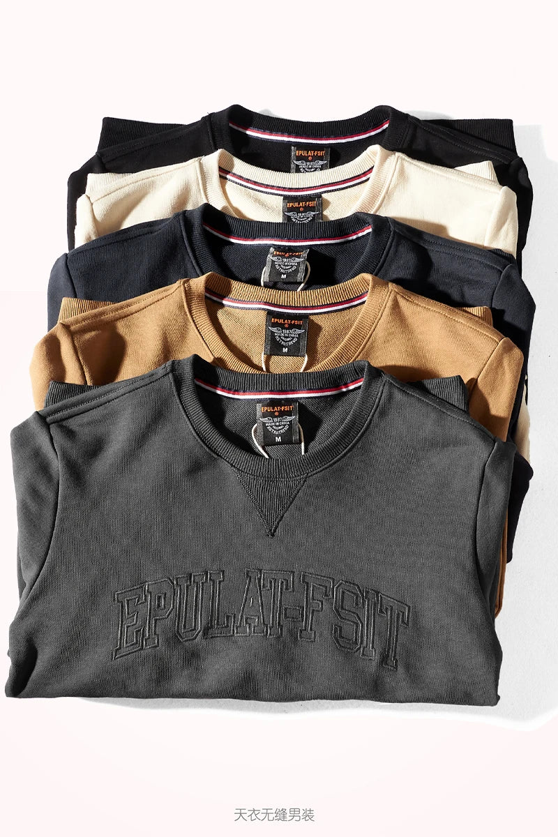 Herfst- en winterhoodies van puur katoenen badstof met borduursel, herenmode, eenvoudige, gewassen ronde hals, casual sweatshirts