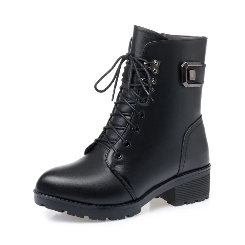 Female Ladies Women Genuine Leather Ankle Boots Platform Winter Autumn Plush Fur Warm Shoes Plus Size Lace Up 35-43
