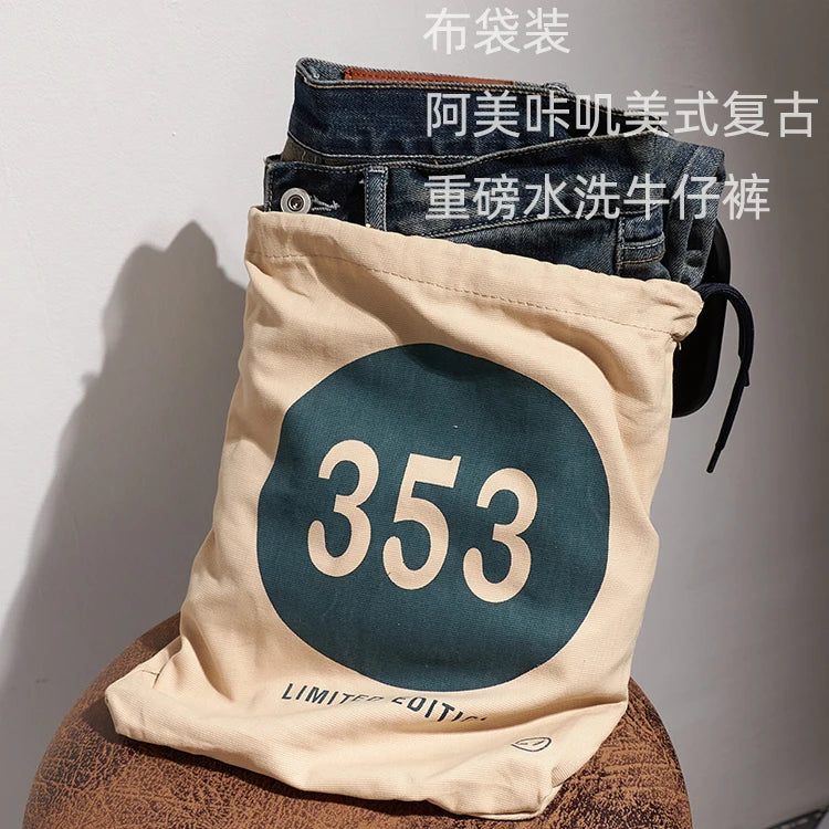 353# Autumn and Winter New Japanese Retro Heavyweight Tooling Jeans Men's Fashion Washed Old Straight Loose Elastic Casual Pants