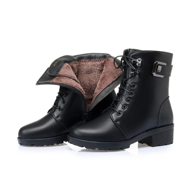 Female Ladies Women Genuine Leather Ankle Boots Platform Winter Autumn Plush Fur Warm Shoes Plus Size Lace Up 35-43