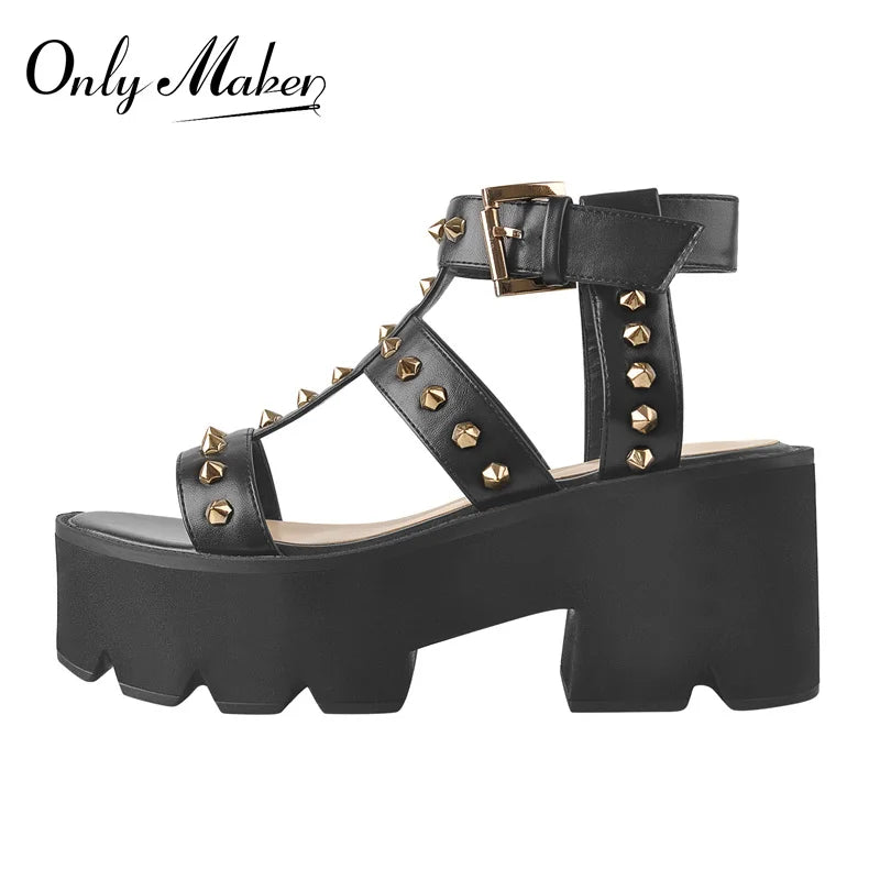 Women Summer Chunky Heel Platform Sandals Ankle Buckle Metal Rivet Matte Black Soft PU Leather Large Size Sandals