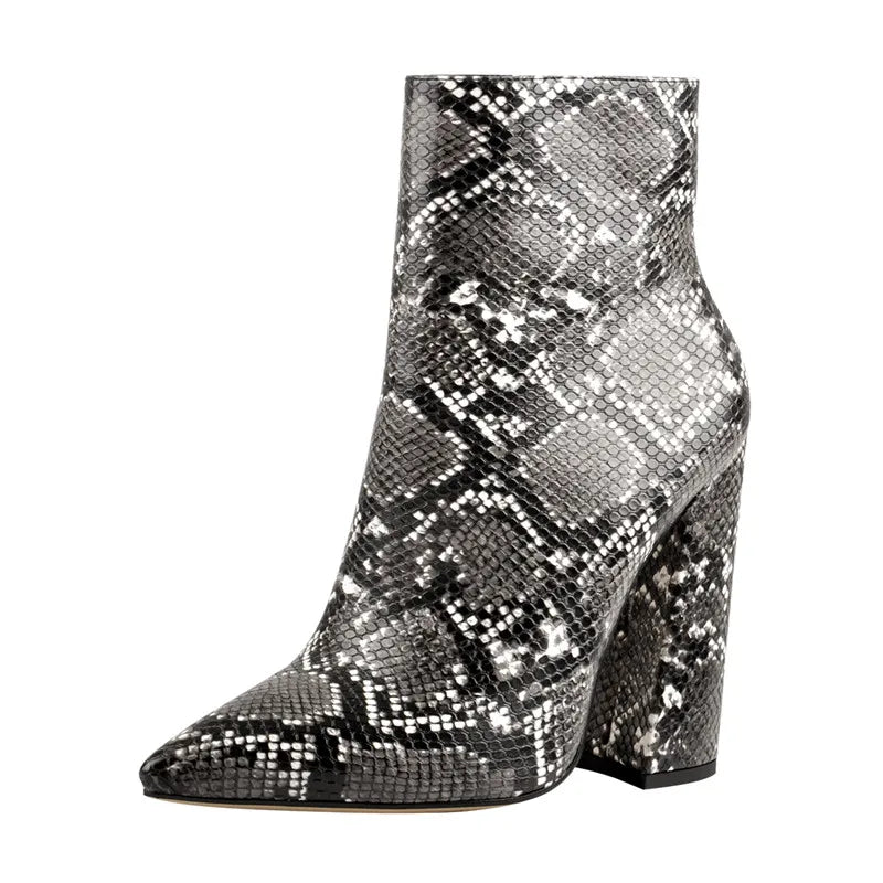 Women Pointed Toe 10CM Leopard Chunky Heels Ankle Boots Side Zipper High Heel Thick Autumn Booties