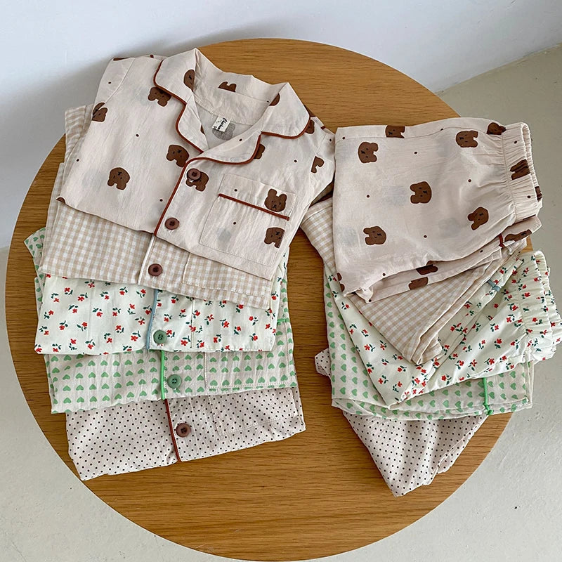 Summer Kids Pajamas Korean Print Suit for Boys and Girls Casual Cotton Sleepwear For Children 2-6T Unisex