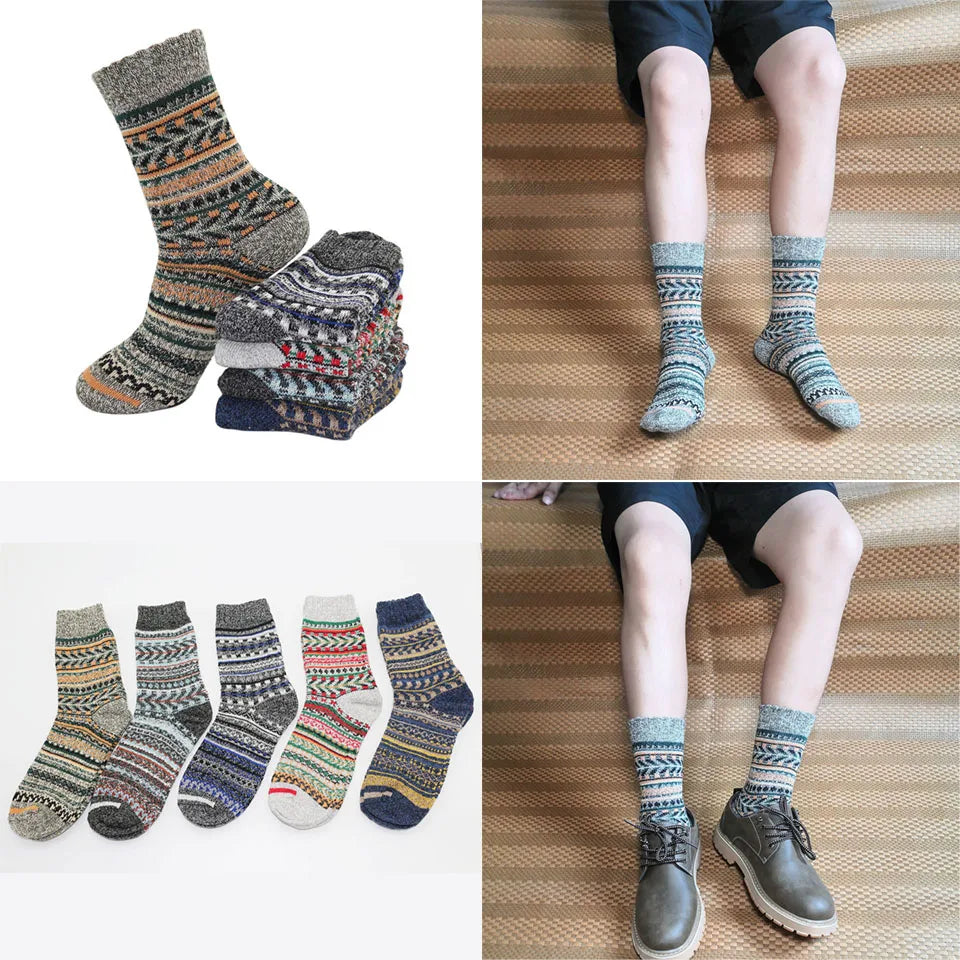 5 paar wintersokken voor heren, wollen harajuku, retro, warm, dik, comfortabel, gebreide, casual gestreepte sokken