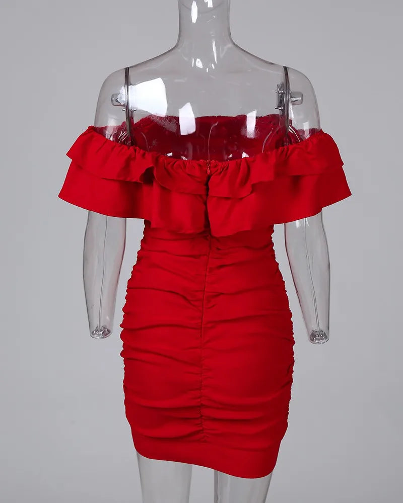 Women Slash Neck Floral Print Off Shoulder Ruffles Ruched Skinny Dress