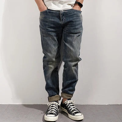 353# Autumn and Winter New Japanese Retro Heavyweight Tooling Jeans Men's Fashion Washed Old Straight Loose Elastic Casual Pants