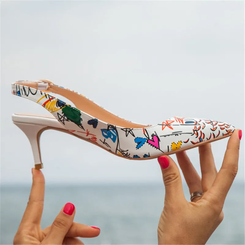 Women Pointed Toe Slingback Sandals Ankle Strap Kitten Heels Party Wedding Graffiti Shoes 6.5CM Pumps