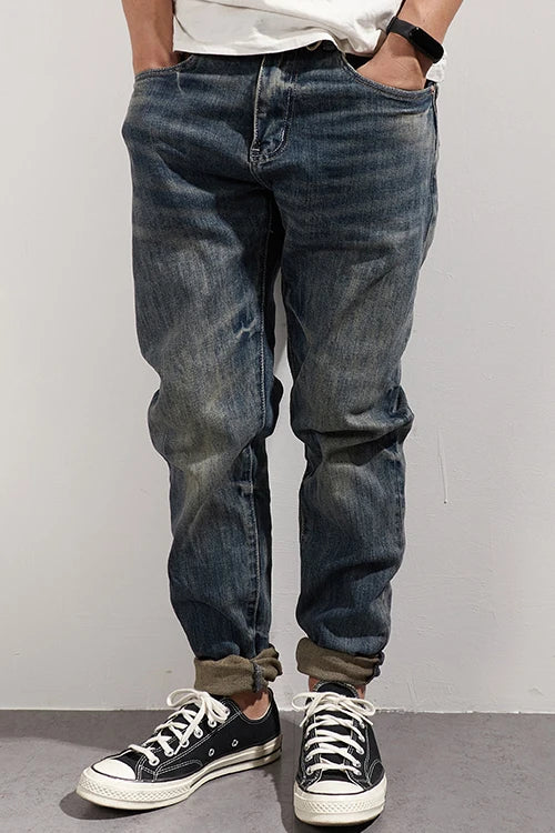 353# Autumn and Winter New Japanese Retro Heavyweight Tooling Jeans Men's Fashion Washed Old Straight Loose Elastic Casual Pants