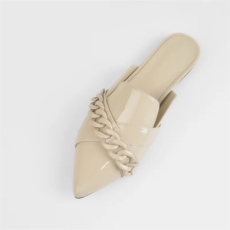 Women Slip-On Sandals Pointed Toe Chain Decoration Patent Leather Khaki Shoes For Woman Daily Concise Summer Flats