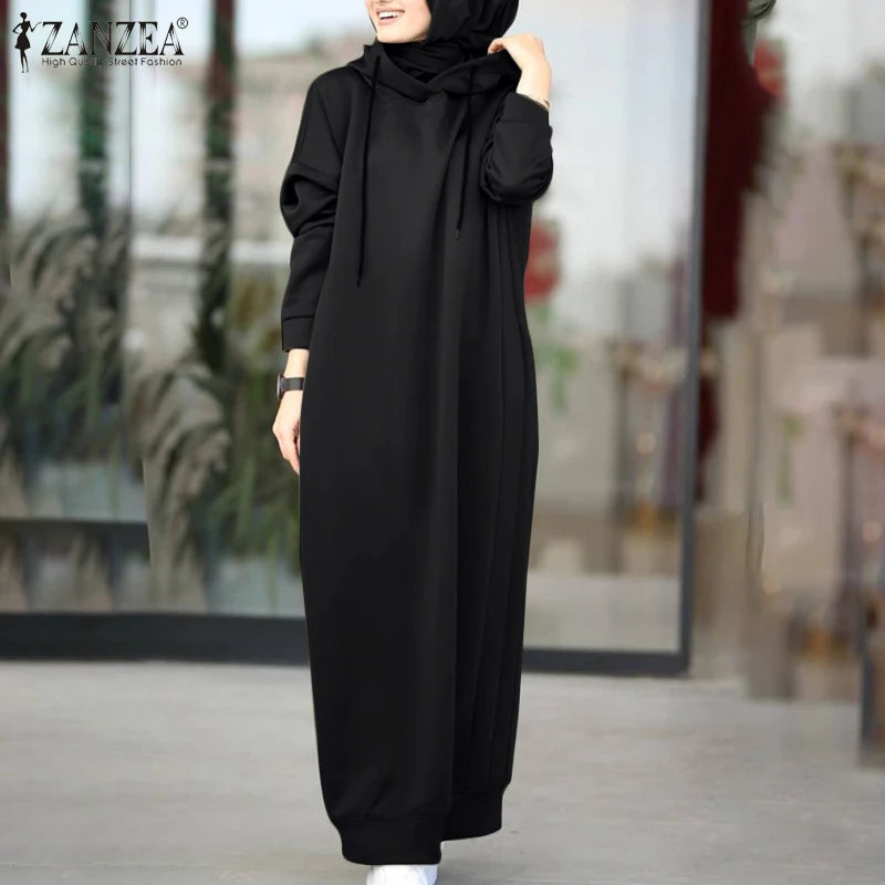 Women Winter Pullovers Stylish Hooded Dress Casual Long Sleeve Maxi Vestidos Female Drawstring Robe Femme