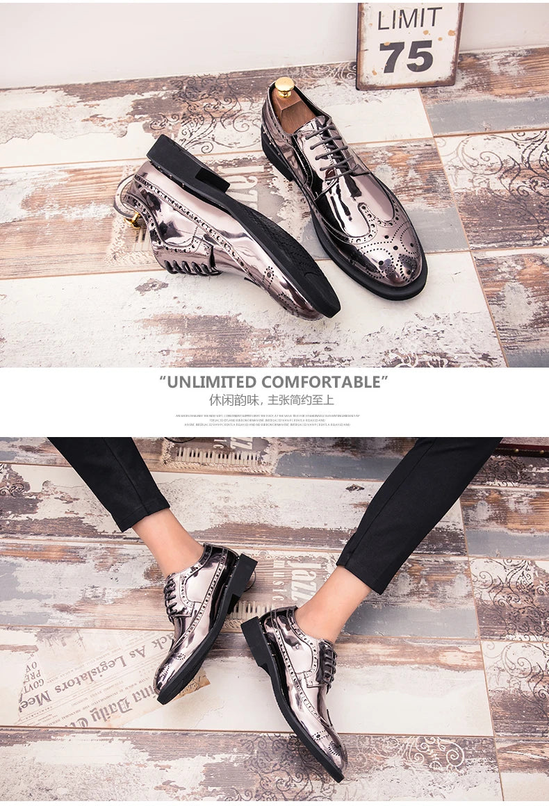 Fashionable Mens Silver Brogue Shoes New Cool Male Formal Evening Shoes Large Size 38-46 Wedding Dress Shoes for Men