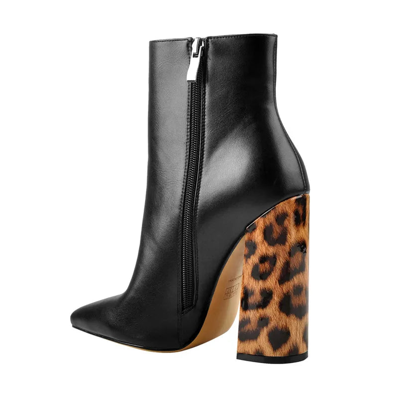 Women Pointed Toe 10CM Leopard Chunky Heels Ankle Boots Side Zipper High Heel Thick Autumn Booties