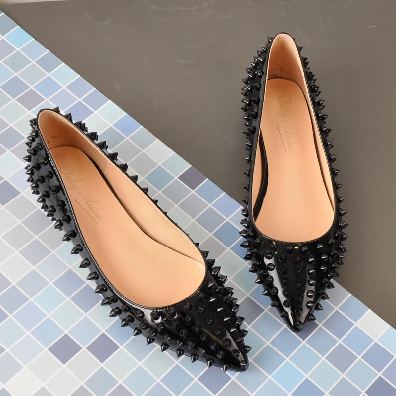 Woman Pointed Toe Rivet Slip On Black Studded Ballet Flat Fashion Elegent Shoes
