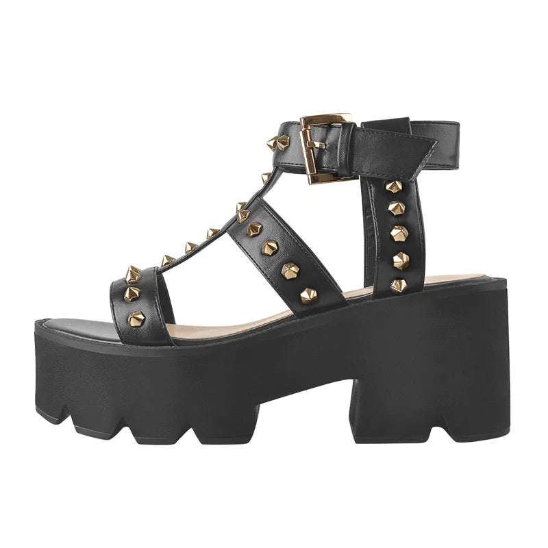 Women Summer Chunky Heel Platform Sandals Ankle Buckle Metal Rivet Matte Black Soft PU Leather Large Size Sandals