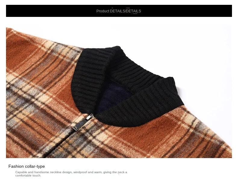 Men's Top Quality Woollen Thick Velvet Plaid Casual Baseball Collar Jacket, Korean Windbreaker Male Coats