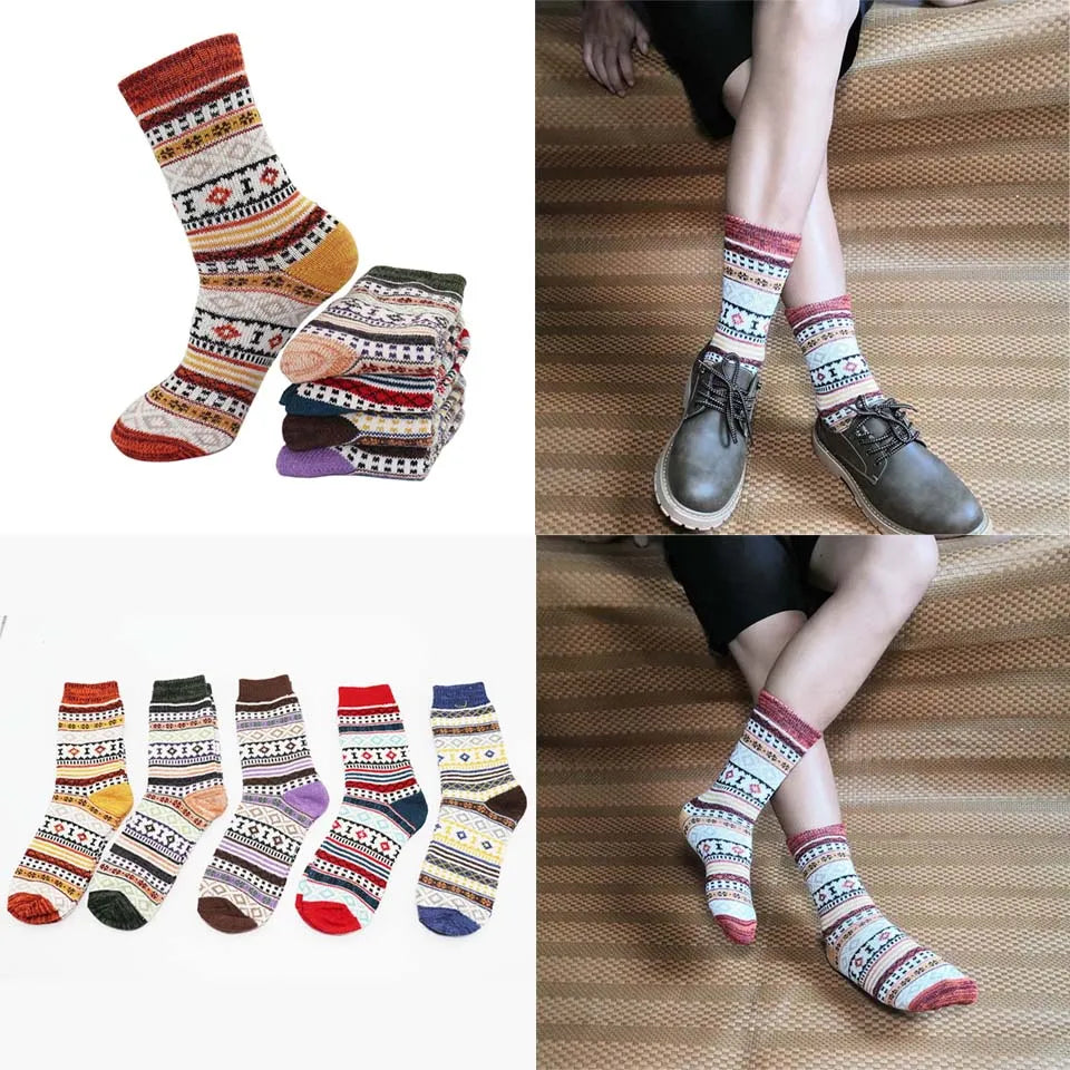 5 paar wintersokken voor heren, wollen harajuku, retro, warm, dik, comfortabel, gebreide, casual gestreepte sokken