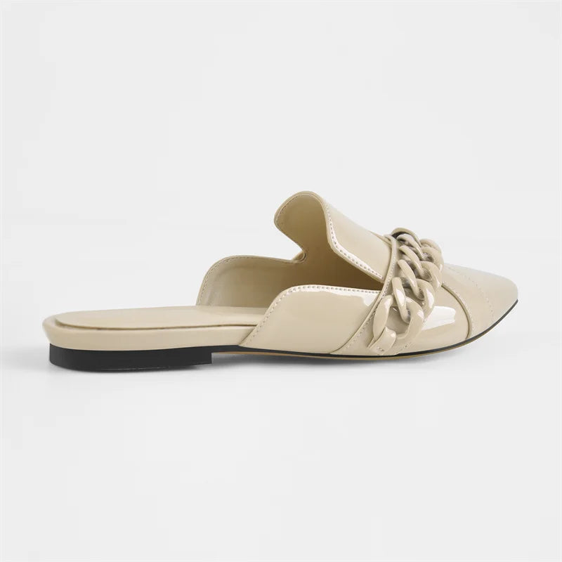 Women Slip-On Sandals Pointed Toe Chain Decoration Patent Leather Khaki Shoes For Woman Daily Concise Summer Flats