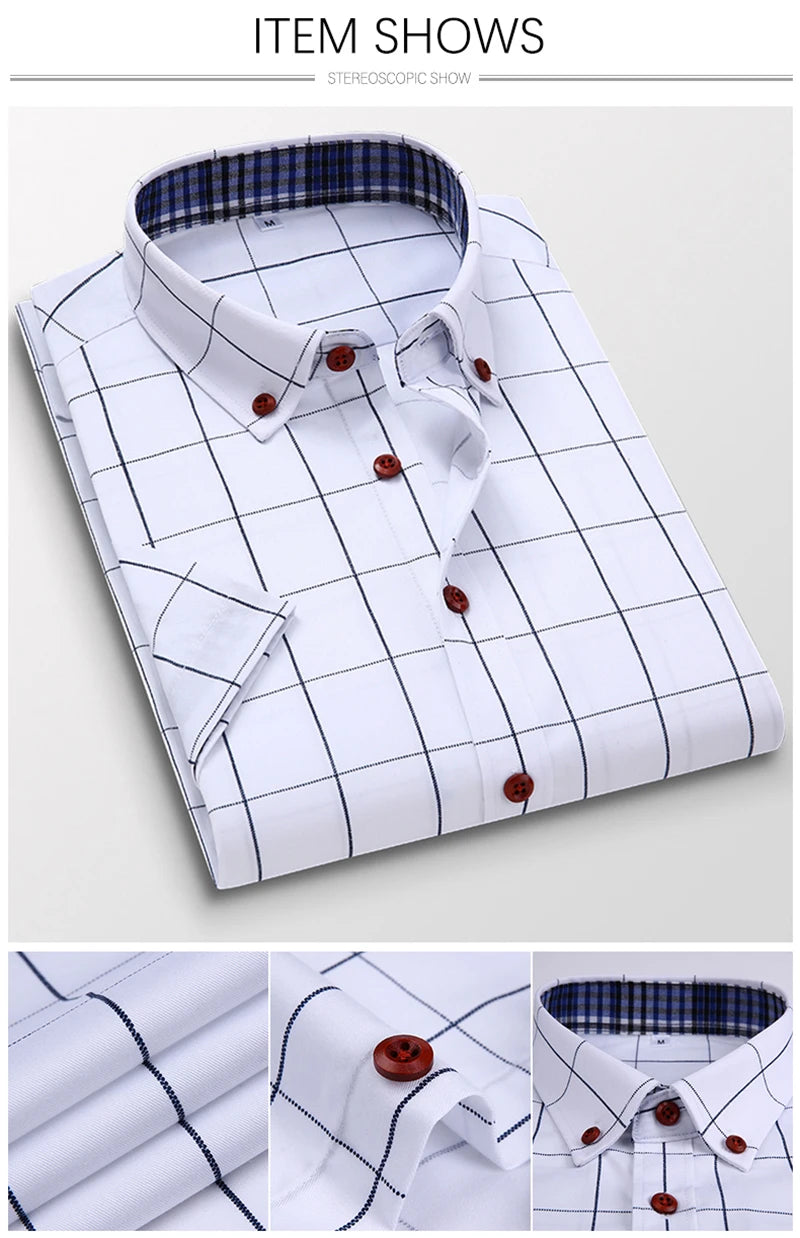 Summer Men Shirts Short Sleeve Plaid Shirt Slim Casual Button Up Dress Shirts Men Big Size M-5XL Anti-wrinkle Soft