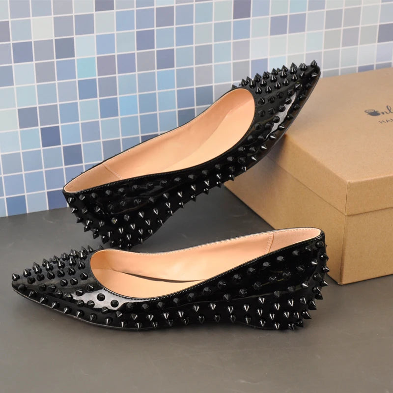 Woman Pointed Toe Rivet Slip On Black Studded Ballet Flat Fashion Elegent Shoes