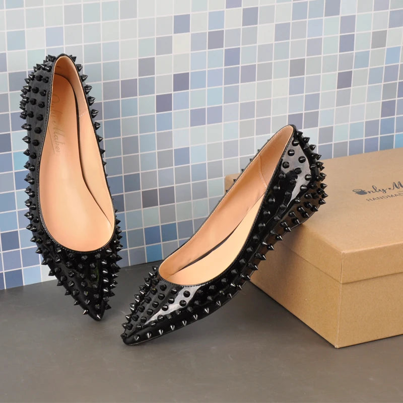 Woman Pointed Toe Rivet Slip On Black Studded Ballet Flat Fashion Elegent Shoes
