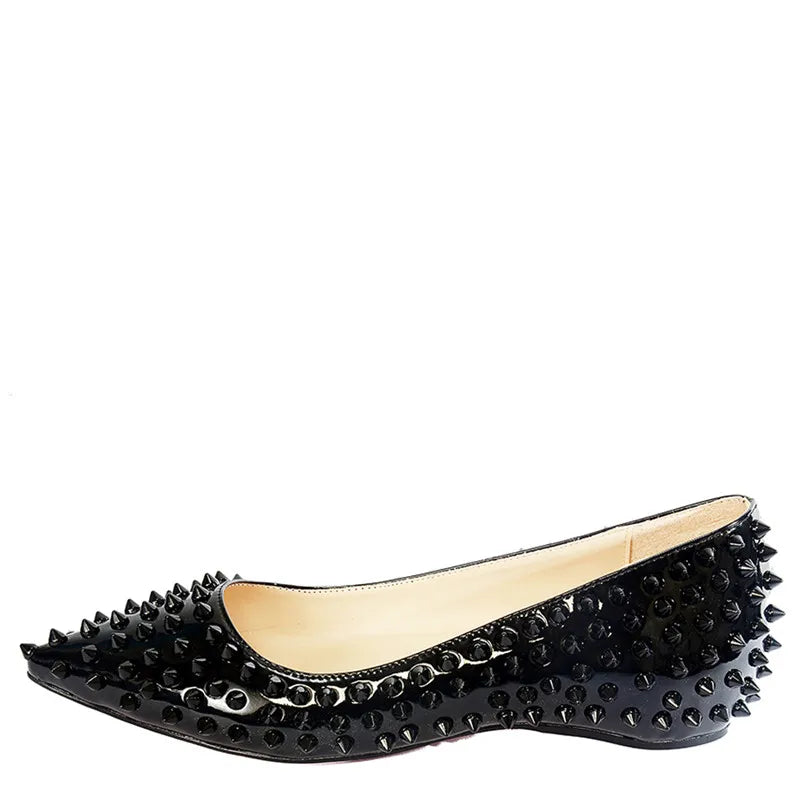 Woman Pointed Toe Rivet Slip On Black Studded Ballet Flat Fashion Elegent Shoes