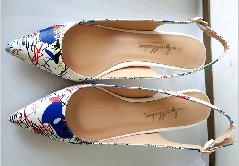 Women Pointed Toe Slingback Sandals Ankle Strap Kitten Heels Party Wedding Graffiti Shoes 6.5CM Pumps