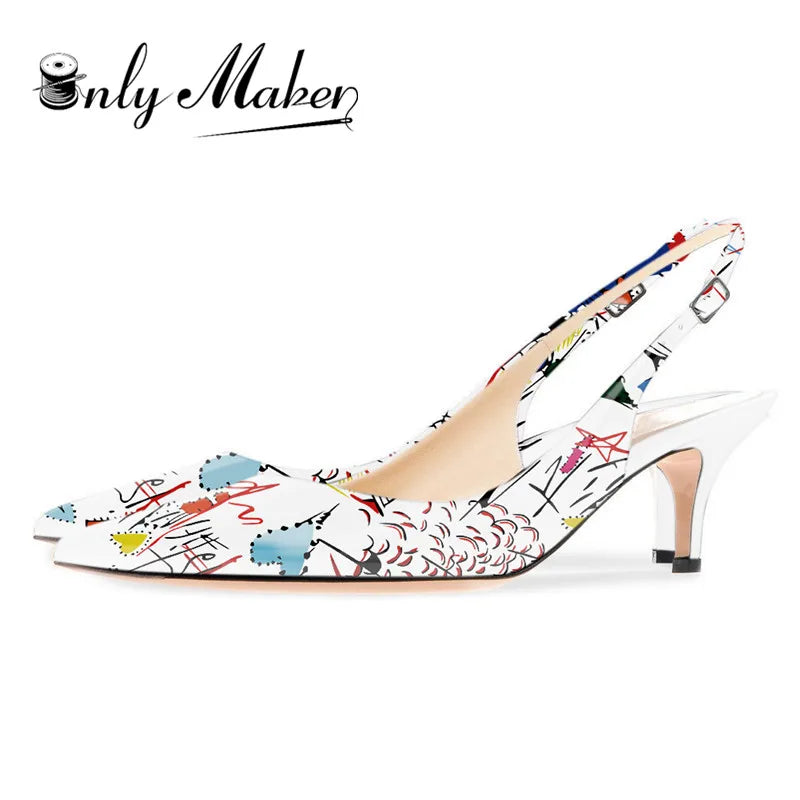 Women Pointed Toe Slingback Sandals Ankle Strap Kitten Heels Party Wedding Graffiti Shoes 6.5CM Pumps