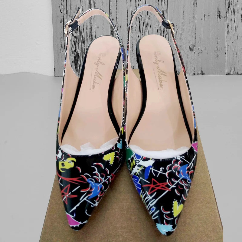 Women Pointed Toe Slingback Sandals Ankle Strap Kitten Heels Party Wedding Graffiti Shoes 6.5CM Pumps