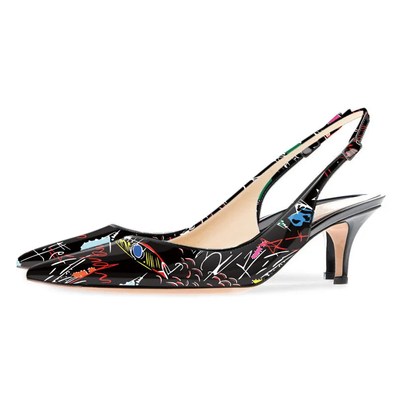 Women Pointed Toe Slingback Sandals Ankle Strap Kitten Heels Party Wedding Graffiti Shoes 6.5CM Pumps