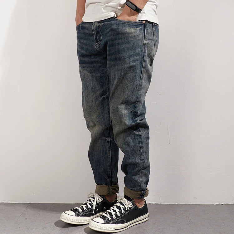 353# Autumn and Winter New Japanese Retro Heavyweight Tooling Jeans Men's Fashion Washed Old Straight Loose Elastic Casual Pants