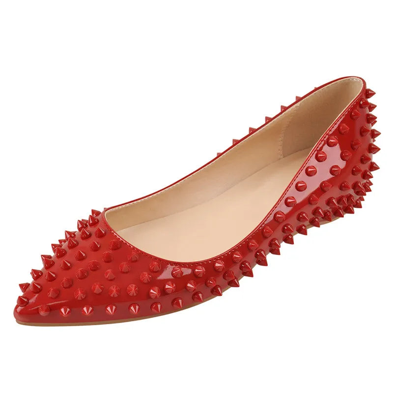 Woman Pointed Toe Rivet Slip On Black Studded Ballet Flat Fashion Elegent Shoes