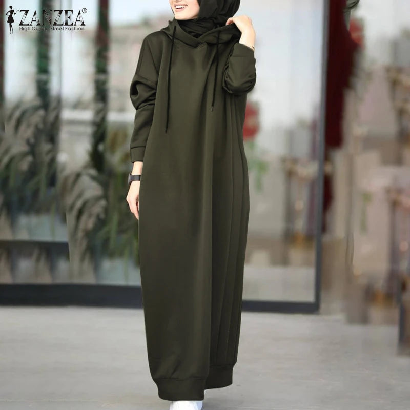 Women Winter Pullovers Stylish Hooded Dress Casual Long Sleeve Maxi Vestidos Female Drawstring Robe Femme