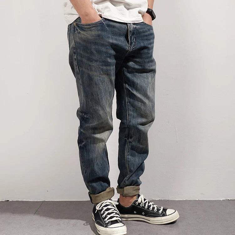 353# Autumn and Winter New Japanese Retro Heavyweight Tooling Jeans Men's Fashion Washed Old Straight Loose Elastic Casual Pants