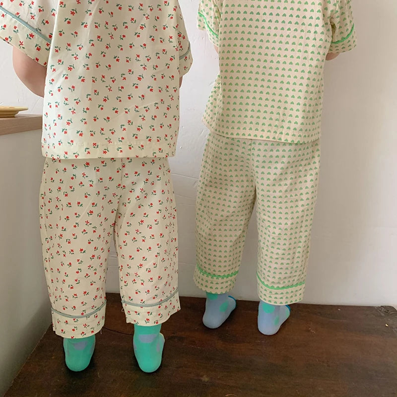 Summer Kids Pajamas Korean Print Suit for Boys and Girls Casual Cotton Sleepwear For Children 2-6T Unisex